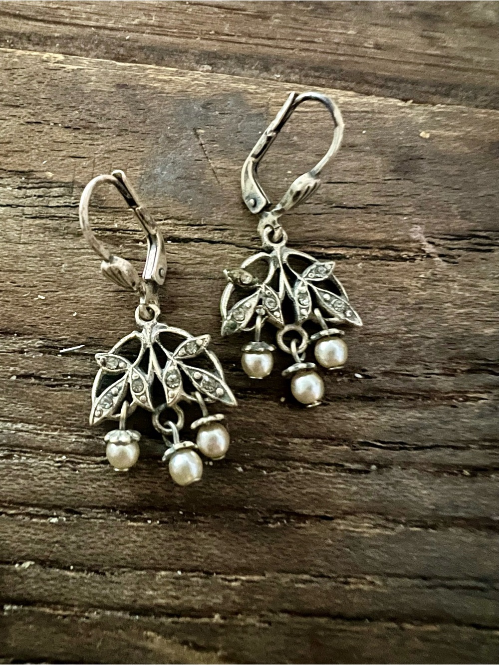 Silver Tone Pearl Drop Leaf Earrings - Vintage-Inspired by La Vie Parisienne